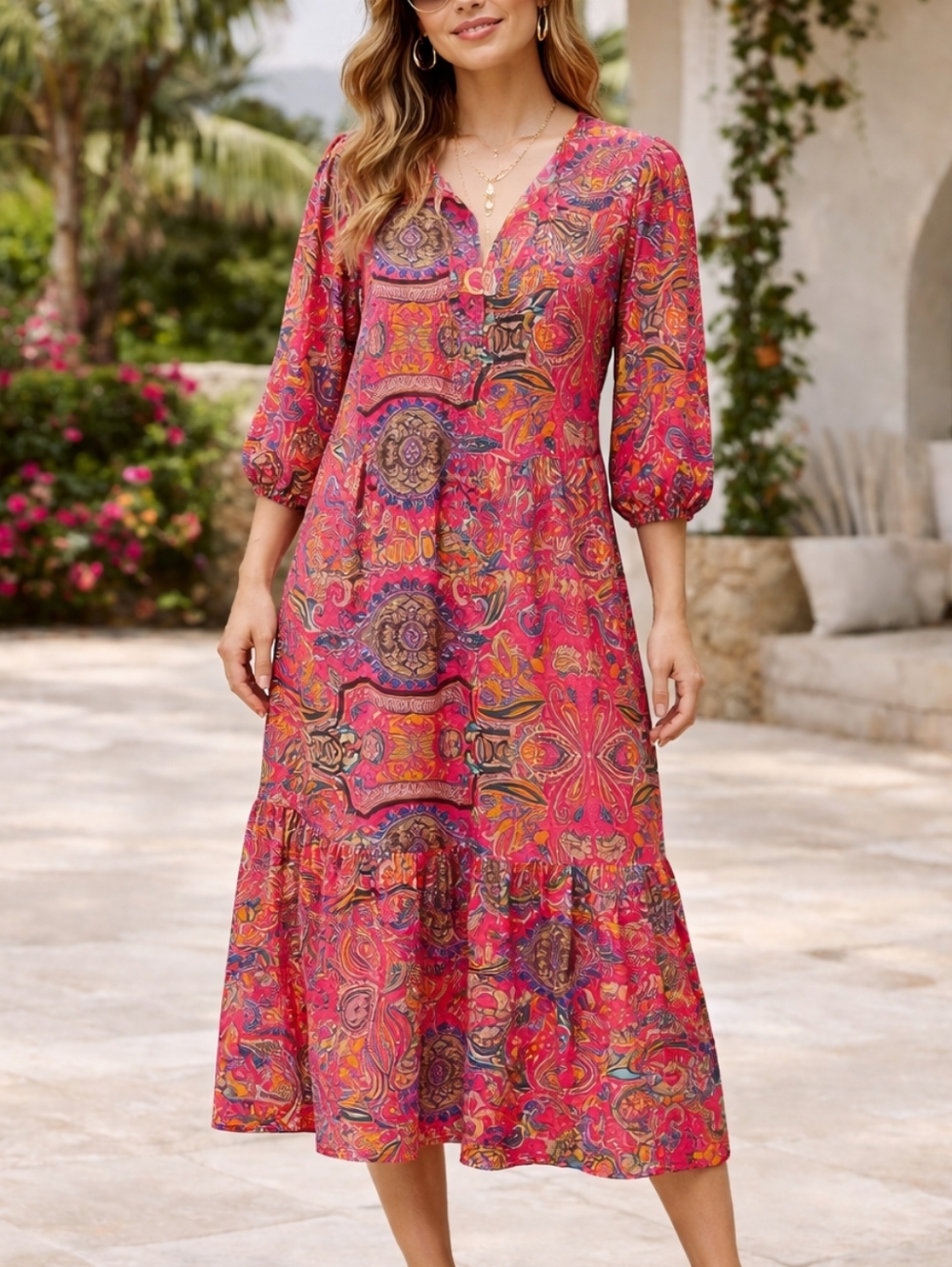 Miduo Bohemian Paisley V-Neck Midi Dress in Fuchsia Pink Size L NWT